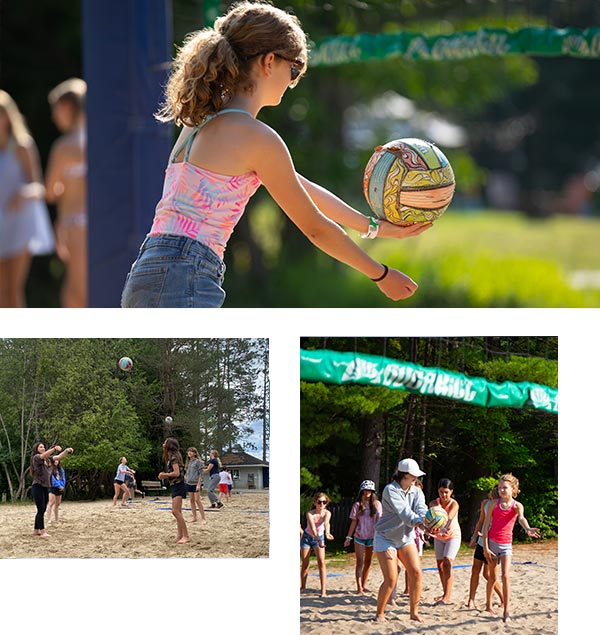 Play beach volleyball at Muskoka Woods overnight summer camp collage of beach volleyball photos