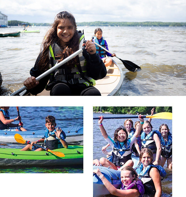 canoeing-2023 collage of kids kayaking and canoeing at Muskoka Woods